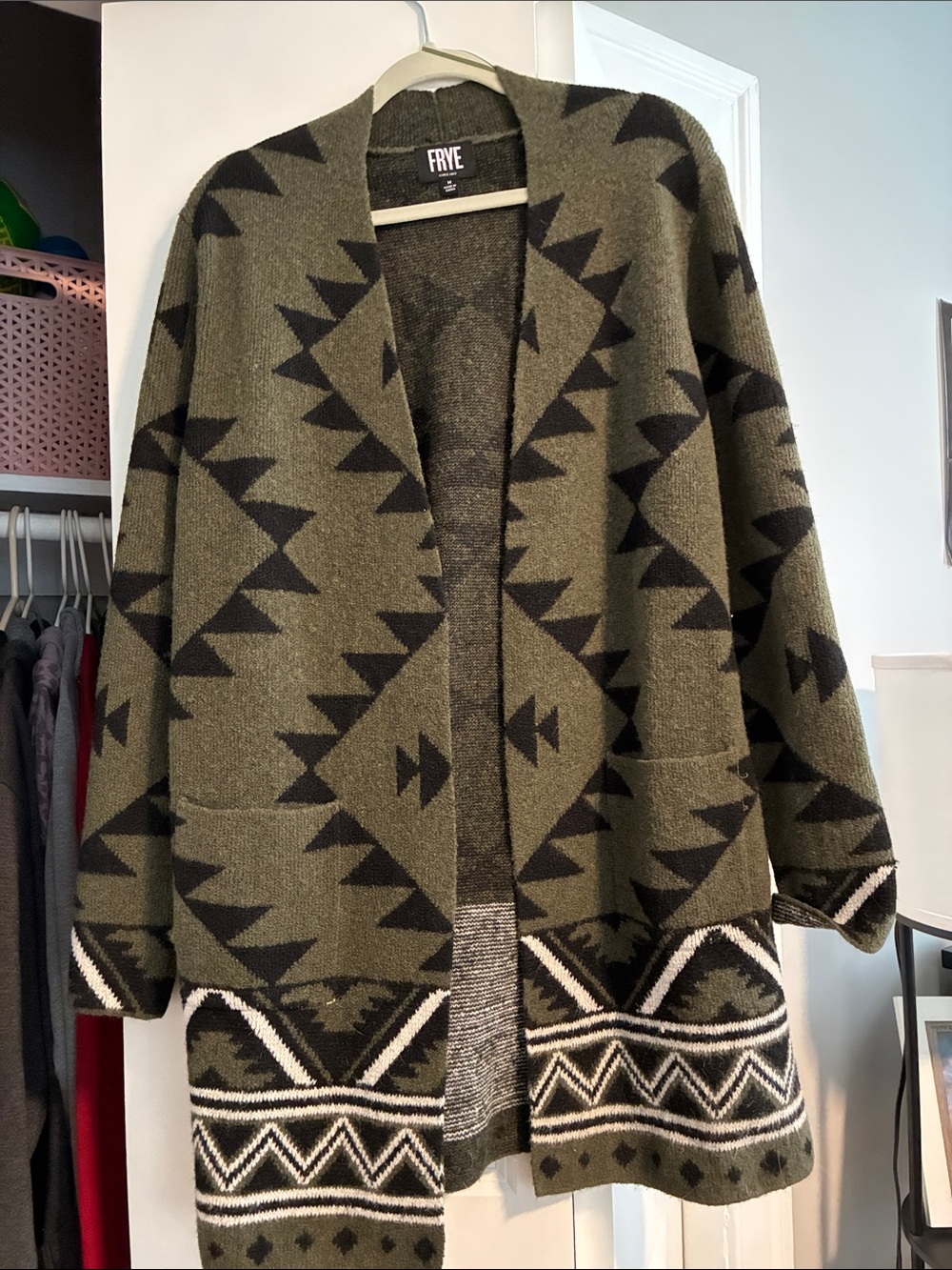 FRYE Olive & Black Aztec Open-Front Long Cardigan